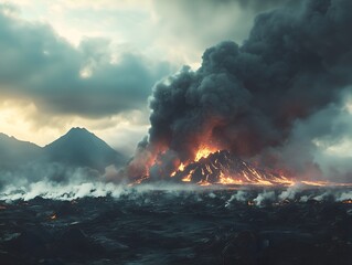 Dramatic scene of a volcano erupting with lava spewing from the crater, thick ash clouds, showcasing nature's raw power