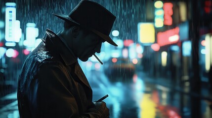 Mysterious Man in Fedora Standing in the Rain at Night with Neon Lights in the Background.