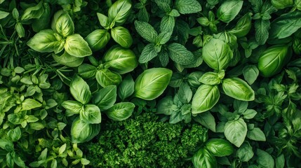 Lush Green Herbs - Basil, Mint, Rosemary, Parsley Texture Background.