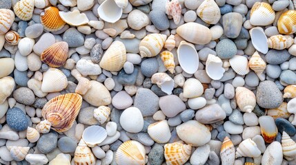 Close Up of Seashells and Smooth Stones on Beach - Summer Vacation Texture Background