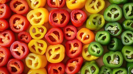 Colorful Sliced Bell Peppers Background - Red, Yellow, Green, Close Up