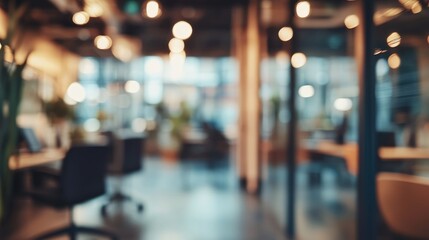 Obraz premium Blurred background of a modern office interior showcasing a contemporary workspace designed for a creative business environment