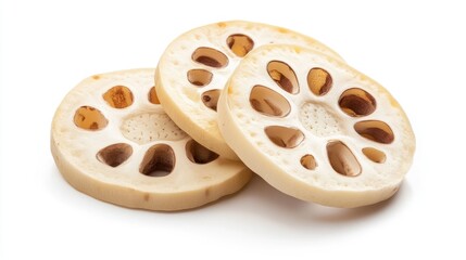 Fototapeta premium Fresh lotus root slices isolated against a white background
