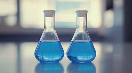 Two glass beakers containing blue liquid are positioned on a table