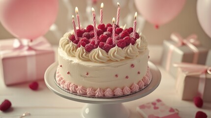 Decorative birthday cake topped with cream and berries set on a table surrounded by gifts and balloons in the backdrop