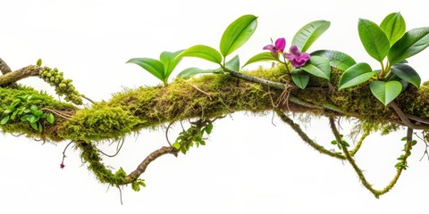 Twisted wild creeper vine with moss, lichen, and orchid leaves against isolated background, jungle, chaotic, vine, moss