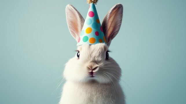 A charming rabbit with floppy ears sporting a colorful party hat decorated with polka dots