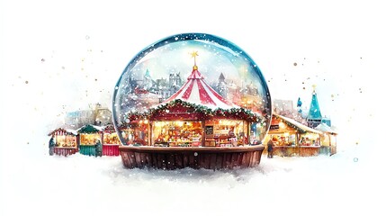 Snow globe of festive market, tiny holiday stalls, white background, watercolor style