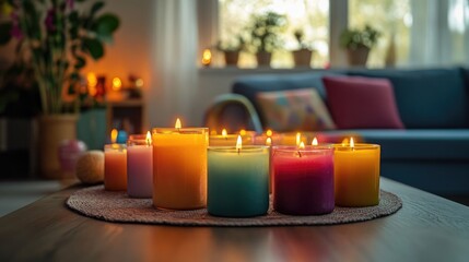 Vibrant candles arranged on a tabletop in a cozy living space showcasing a variety of bright hues