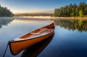 Obraz premium serene morning scene of a wooden canoe resting on a calm waters by a tranquil lake surrounded by the misty morning light, evoking peace and natural beauty with soft reflections and gentle light
