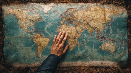 Obraz premium Vintage World Map with Hand Reaching Out