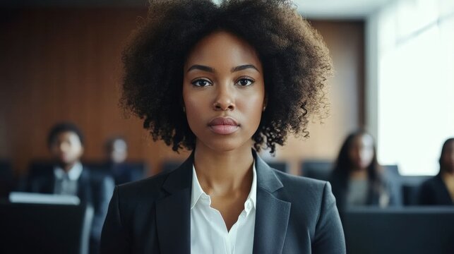 Academic freedom law, African-American lawyer defending academic freedom, determined look, corporate meeting room