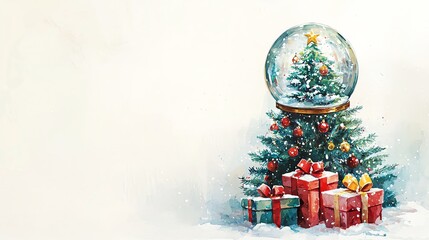 Christmas tree snow globe, wrapped presents at base, white background, watercolor style