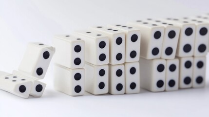 A collection of white dominoes arranged in stacks and a single piece leaning.