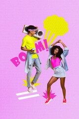 Composite trend artwork sketch image photo collage of copyspace young lady man couple friends happy dance boombox disco party celebrate