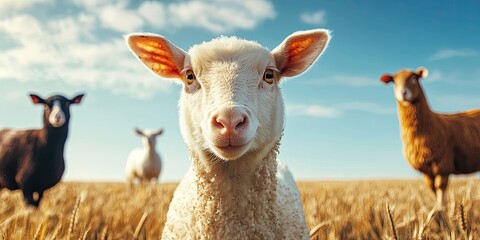 Obraz premium Animals pets migration concept. A curious sheep stands in a golden field, surrounded by other sheep, under a clear blue sky, showcasing the beauty of pastoral life.