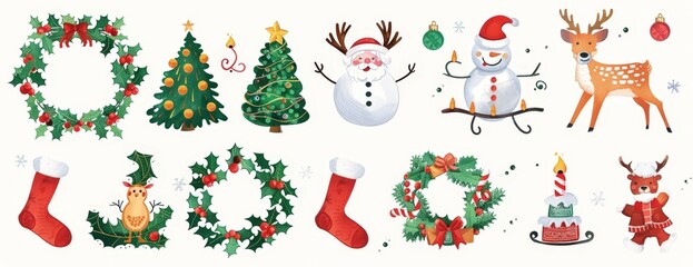 Christmas Illustrations: Festive Characters & Decorations  Isolated On White
