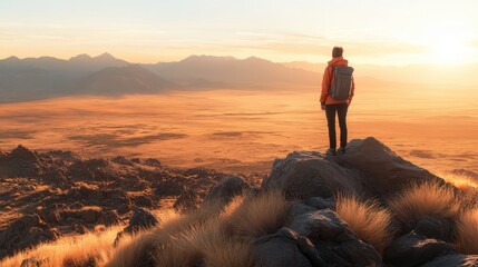 Solo Backpacker Standing on a Mountain Top at Sunrise with a View of a Vast Landscape