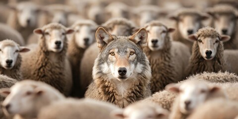 Obraz premium Animals pets migration concept. A wolf stands confidently among a flock of sheep, creating a striking contrast and evoking themes of predator and prey.