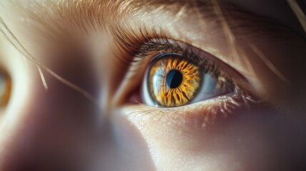 Extreme close up of a young girl s brown eye gazing away from the camera highlighting the iris that reflects her surroundings