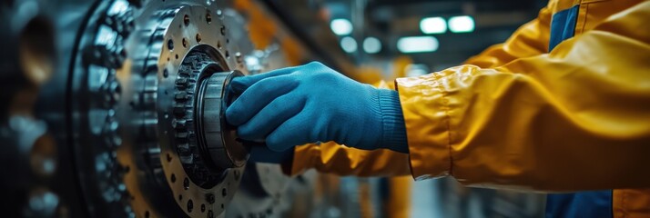 Industrial Maintenance Technician Inspecting Machinery Seals, Emphasizing Precision and Technical Expertise in Heavy Equipment Management