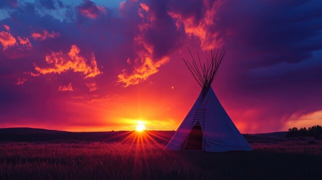A stunning sunset creates vibrant colors in the sky above a solitary teepee - Powered by Adobe