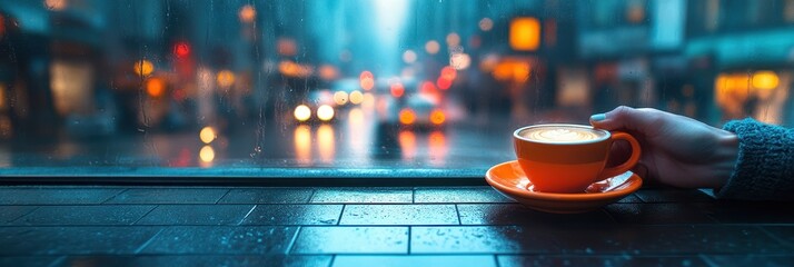Man savoring coffee in vibrant café, lively urban scene, tranquil amidst the bustling atmosphere, relaxed yet engaged with surroundings