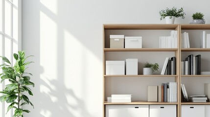 Contemporary minimalist shelving unit displaying organized storage boxes books and decorative plants set against a neutral wall in a bright tidy space