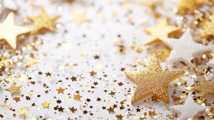 Stylish white and gold stars and confetti backdrop for a New Year s Eve or birthday celebration featuring a web banner with ample copy space