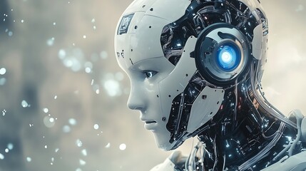 Fototapeta premium Close-Up Portrait of a White Android with a Blue Eye