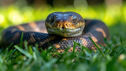 Obraz premium A close-up of a snake resting on green grass.