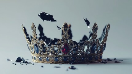 Shattered royal crown adorned with precious stones against a minimalistic background Concept the decay of monarchy symbolizing the end of a king s reign