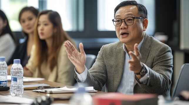 Educational policy reform, Asian policy expert in discussion, advocating for reforms, thoughtful and confident expression