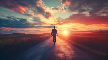 Obraz premium Silhouette of a Man Walking Towards Sunset