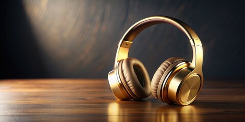 Modern golden headphones resting on a sleek table , luxury, technology, music, audio, headphones, gold, stylish, electronic