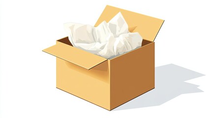 Open Cardboard Box with Crumpled White Tissue Paper Inside