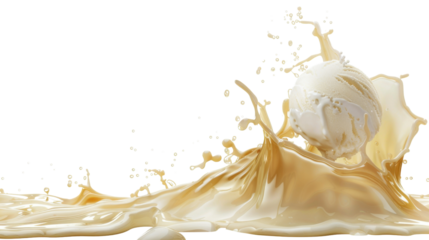 Vanilla splash with ball of vanilla ice cream on white transparent background