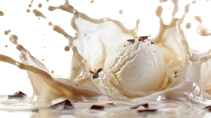 Vanilla splash with ball of vanilla ice cream on white transparent background