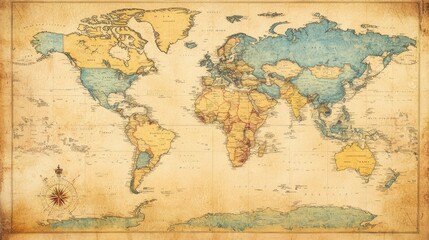 Vintage World Map with Compass Rose