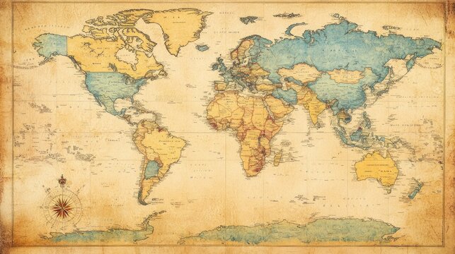 Vintage World Map with Compass Rose
