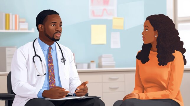 informed consent law, African-American male lawyer counseling a patient on informed consent, reassuring tone, organized space