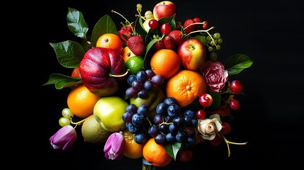 Assorted fruits arranged like a bouquet of flowers