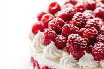 Close-up of a raspberry cake with whipped cream and powdered sugar.