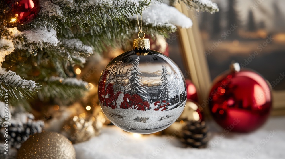 Aufkleber a glass christmas ornament hangs from a snowy pine tree branch. the ornament depicts a snowy winter 