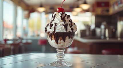 Classic American Diner Dessert - Chocolate Sundae with Whipped Cream and Cherry