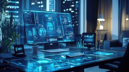 Naklejka premium Futuristic Workspace with Advanced Technology and Gadgets