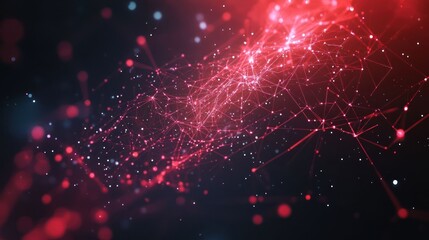 Abstract red and blue network connection with glowing dots on a dark background.