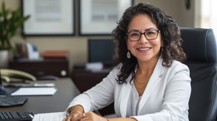 patient rights, Latina legal expert advocating for patient justice, friendly and professional, in a calm office setting