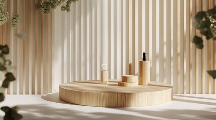 Stage setup for promoting beauty and spa products featuring a 3D minimalistic wooden display podium