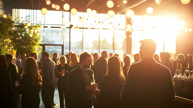 Evening Social Gathering at a Trendy Bar with People Enjoying Drinks and Conversations Under Warm Ambient Lighting